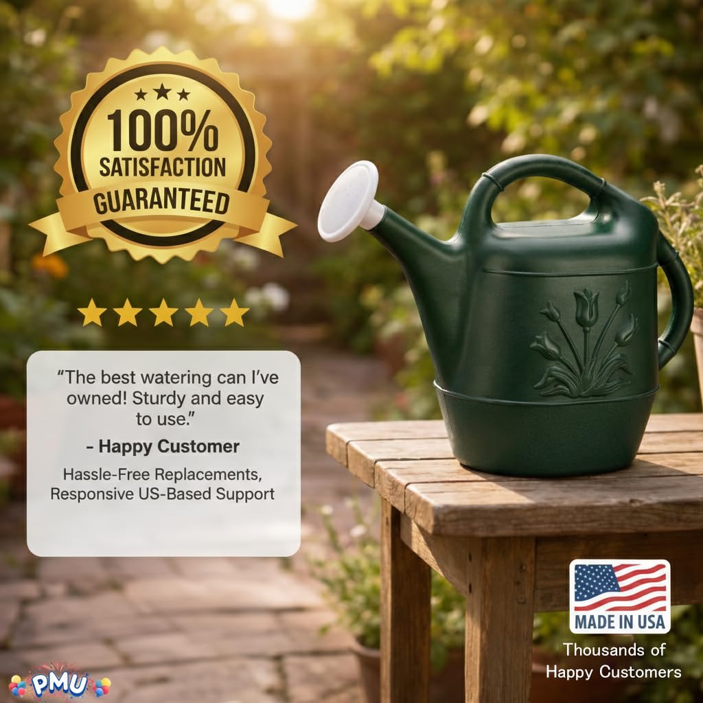 PMU 2 Gallon Watering Can - Garden Watering Can for Indoor & Outdoor Plants - Plastic Water Can with Detachable Sprinkler Head - Large Water Pot, Made in USA - Hunter Green Pkg/1