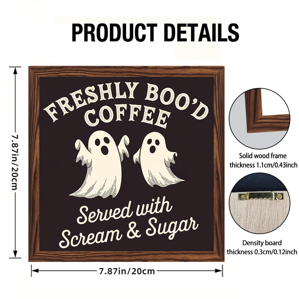 Spooky Halloween Theme Freshly Boo'd Coffee Wooden Sign, With Frame Coffee Bar Art Plaque Sign for Home Kitchen, Cafe, Bar, Garage Halloween Decor 7.87x7.87 Inch