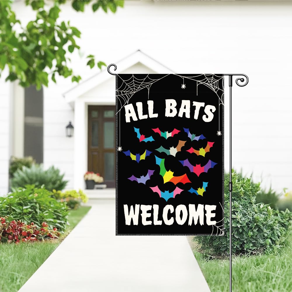 Gkodw All Bats Welcome Garden Flag, Funny Equality Inclusive Yard Sign for Outside, LGBT Trans Pride Ally Flag, Halloween House Flags, Bat Fall Lawn Porch Outdoor Farmhouse Decor for Family Friend