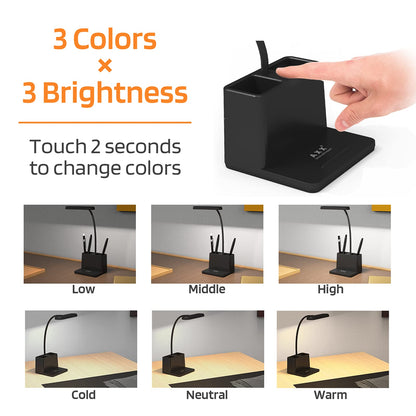 AXX Black LED Desk Lamp for Home Office Bedroom, Battery Operated Table Light for Computer Desktop, Small, Cute, Dimmable, Rechargeable, Flexible Gooseneck, Pen Holder, Phone Mount, Touch Control