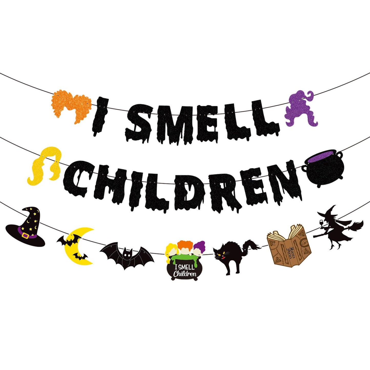 JOZON Black Glittery I Smell Children Banner with Witches Pot Signs Halloween Hocus Pocus Witches Garland Banner Halloween Holiday Haunted House Party Decorations for Mantle Fireplace Wall