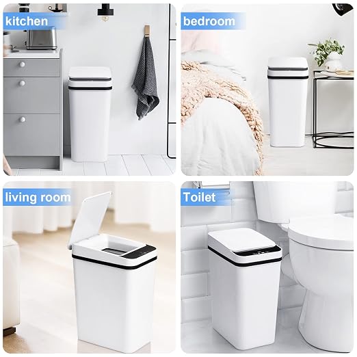 Anborry Bathroom Trash Cans with Lid Touchless Automatic Motion Sensor 4 Gallon Small Garbage Can, Smart Electric Plastic Narrow Garbage Bin for Living Room Bedroom Office Kitchen (White)