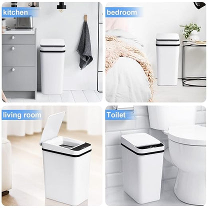 Anborry Bathroom Trash Cans with Lid Touchless Automatic Motion Sensor 4 Gallon Small Garbage Can, Smart Electric Plastic Narrow Garbage Bin for Living Room Bedroom Office Kitchen (White)