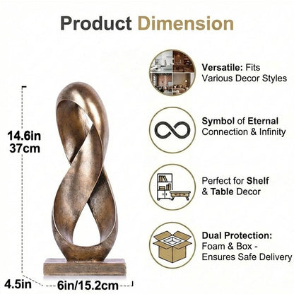 14.6" Tall Abstract Bronze-Finish Knot Sculpture, Modern Resin Infinity Loop Statue, Modern Tabletop Decor for Coffee Table, Bookshelf, Mantel, Entryway, Living Room Office Accent Centerpiece