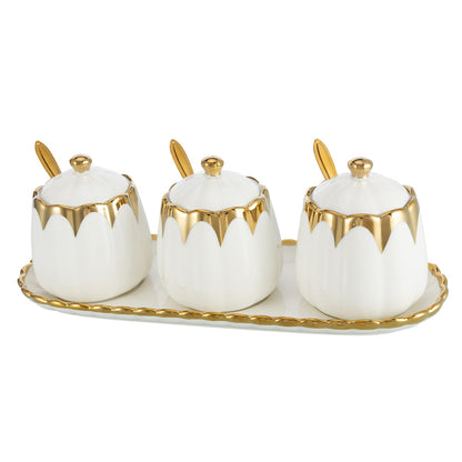 Milky Way Set of 3 Ceramic Condiment Pots Sugar Bowl,Porcelain Sugar Holder with 1Tray, Lid and Spoon Salt Container Modern Seasoning Jars for Counter Home and Kitchen (White gold)