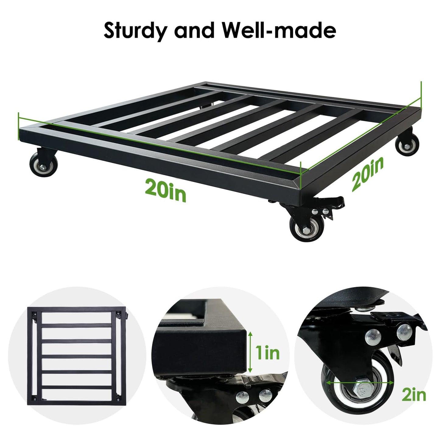 Hongsane 20" Square Plant Stand with Wheels Heavy Duty,Large Metal Plant Caddy Indoor Outdoor Use,Rolling Plant Dolly with Industrial Casters,Rust-Proof Black Plant Tray for Large Planters Pots,1-Pack