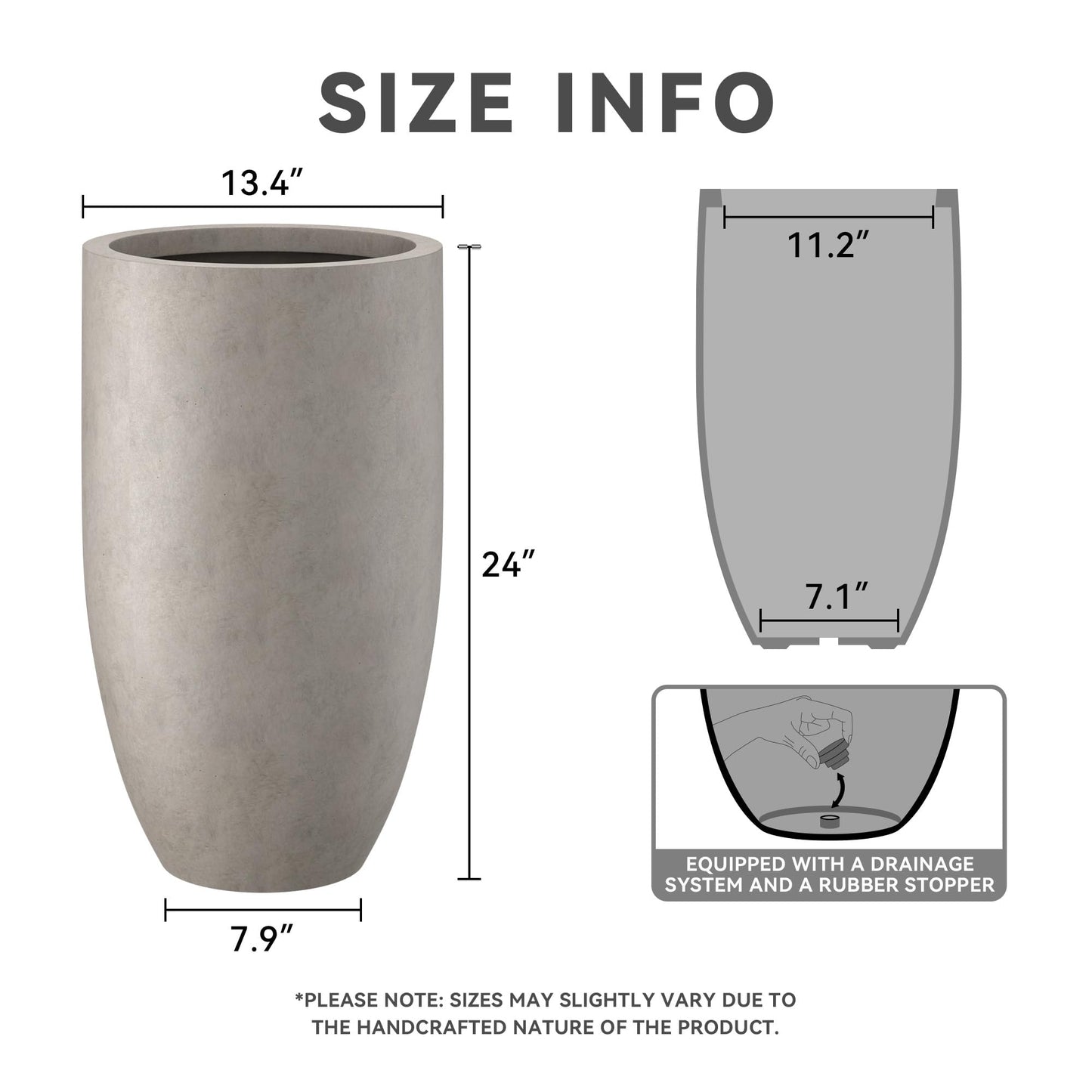 Kante 24" Tall Round Concrete Planter, 2 Pack Large Oval Plant Pots with Drainage Hole & Rubber Plug, Lightweight Weathered Concrete for Home Decor, Symmetrical Gift for Living Room Patio