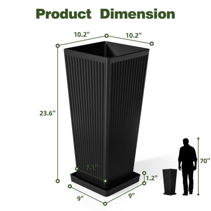 Trygoal Tall Black Planters Outdoor Set of 2-23.6" Modern Tapered Plastic Planters for Outdoor Plants with Drainage Holes/Partition/Tray, Large Indoor Planter for Porch Patio Garden Front Porch