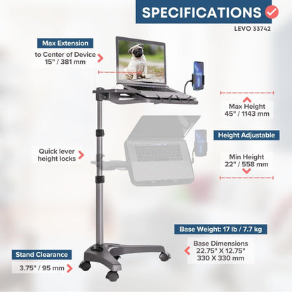 LEVO G2 V16 Mobile Laptop Stand Desk Rolling Cart Adjustable with Mouse Tray