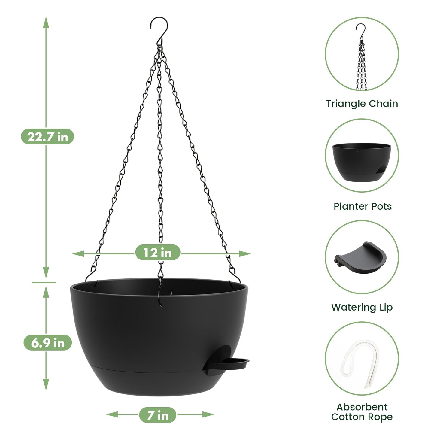 AHJZO 2 Pack 12 Hanging Flower Pots with Chains Self Watering Plastic Planters for Indoor Outdoor Plants, Sturdy Triangular Iron Chain Design for Garden PorchPlastic Hanging Flower pots (2, Black)
