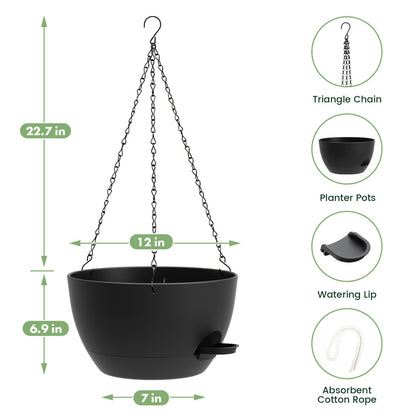 AHJZO 2 Pack 12 Hanging Flower Pots with Chains Self Watering Plastic Planters for Indoor Outdoor Plants, Sturdy Triangular Iron Chain Design for Garden PorchPlastic Hanging Flower pots (2, Black)