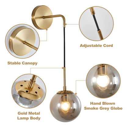 KCO Lighting Modern Glass Globe Wall Sconce Minimalist Gold Wall Mounted Sconce Light with Smoke Grey Lampshade Round Wall Lamp for Bathroom Mirror Bedroom (Smoke Grey-2PC)