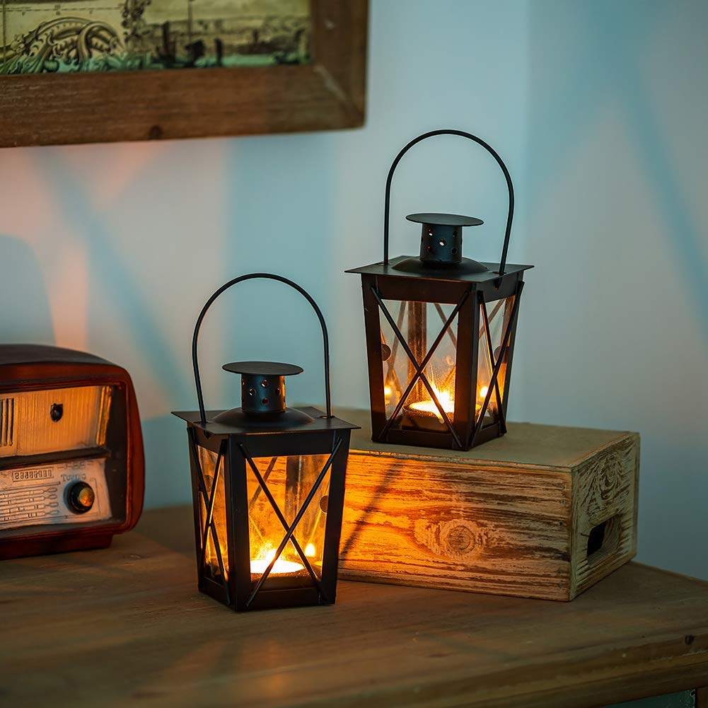 2 Pcs Tealight Lanterns Hanging Candle Holder, Metal Mini Decorative Led Tea Light Candleholder Decoration for Birthday Parties Wedding Centerpiece Relaxing Spa Setting (Black, 2 Pcs)