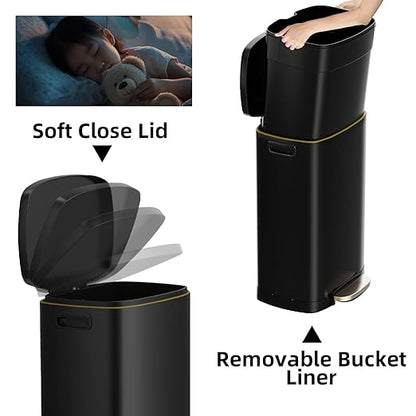 KdbK 13 Gallon Trash Can with Lid, 50L Fingerprint Proof Stainless Steel Kitchen Trash Can with Removable Inner Bucket and Lid Soft Close, Pedal Rubbish Bin for Home Office, Black