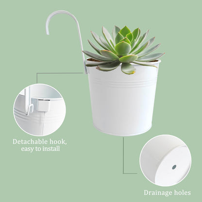 Joyfernal Pack of 4 Hanging Flower Pots, 6" White Metal Balcony Planters for Herb Succulent, Samll Railing Fence Hanging Bucket for Outdoor/Indoor Decoration (White, Pack of 4)