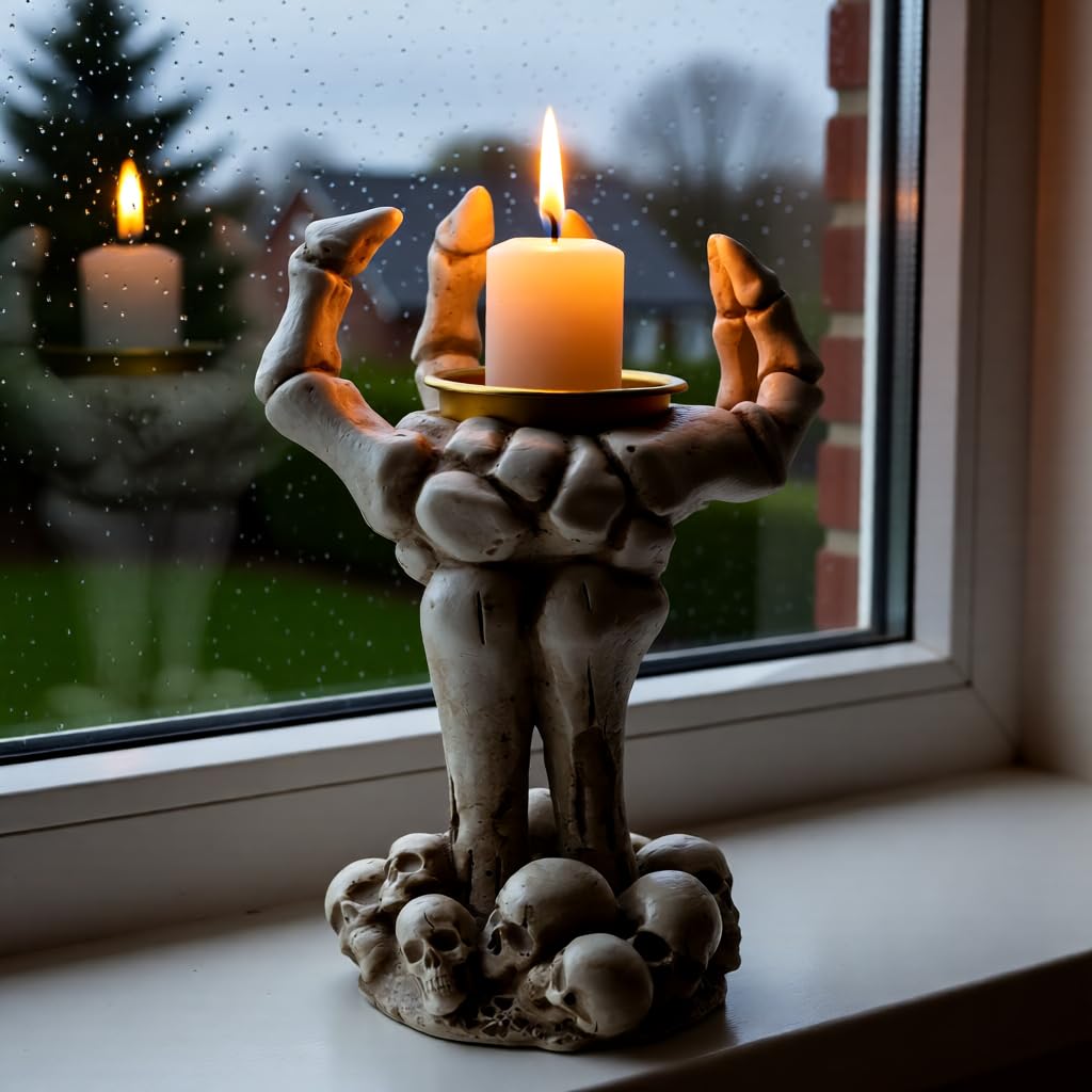 Halloween Gothic Skeleton Hand Candle Holder – Resin Skeleton Hands Decor for Rings, Necklaces, Bracelets, and Taper Candles – Spooky Skull Hand Organizer & Dark Home Office Decoration (White)
