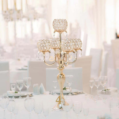 Kehail 5 Arm Gold Candle Holder 22.5 Inch Tall Crystal with Pendant, Romantic Home Decor Elegant Candlestick Holder for Dates Wedding Receptions Holiday Party Important Events