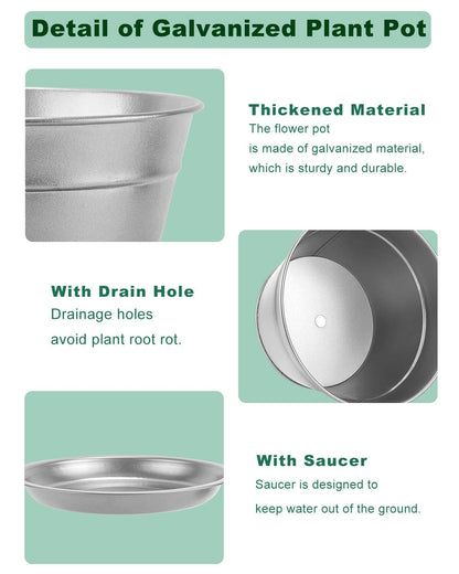 vensovo 6 Inch Silver Shallow Small Metal Plant Pots with Saucer-6 Pack Medium Metal Galvanized Flower Pot with Drainage Hole,Planter Pots with Tray Perfect for Planting and Wedding Party Decor