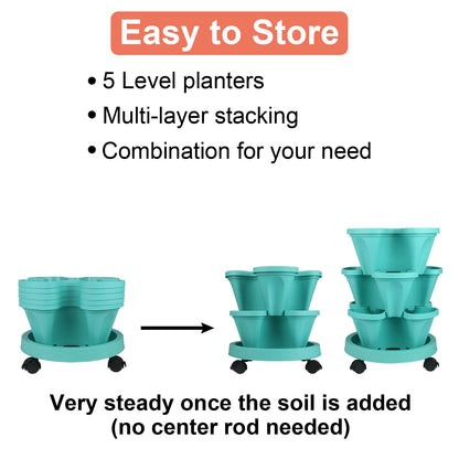 DUNCHATY Stackable Planter, Vertical Garden Planter with Wheels and Tools, Self Watering Strawberry Planter Indoor/Outdoor 5 Tier Herb Planter Pots for Growing Vegetables and Succulents, Teal