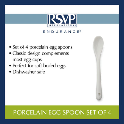 RSVP International Poached Egg Spoon, 4 Piece Set Multipurpose Use for Serving Jam, Honey or Soft Boiled Eggs, 5.5" Length, White Porcelain