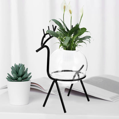 Homoyoyo Hydroponic Flower Vase with Metal Stand, Compact Dark Deer Desktop Glass Planter, Modern Terrarium Vase for Home Office Green Plant Decoration