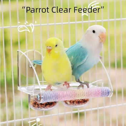 Seed Catcher Bird Feeder No Mess - Dual Bowl Cage Mount with Clear Acrylic, Colorful Hemp Rope Wrapping Wood Perch & Removable Acrylic Cups - for Budgies, Finches, Canaries, Parrotlets, Conures