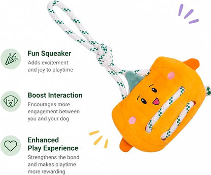 Green Sheep Interactive Plush Dog Toy, No Stuffing Squeaky Toy with Recycled Cotton Rope for Medium to Large Dogs, Pumpkin