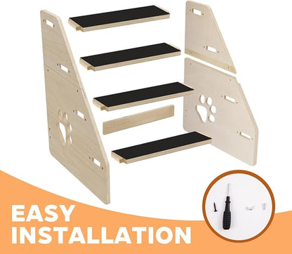 Dog Stairs Ramp, Wooden 4-Step Dog Ramp for Small/Medium/Older Dogs and Cats, Non-Slip Pet Ladder for High Beds, Sofas, Bay Windows