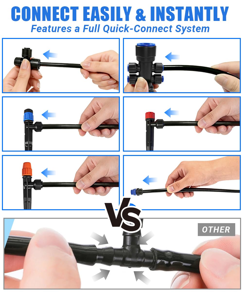 237FT All Quick-Connect Drip Irrigation System Kit with 40 Adjustable Nozzles, UV-Proof 1/2" & 1/4" PE Tubing, for Greenhouse, Lawn & Potted Plants Watering (40FT + 197FT)