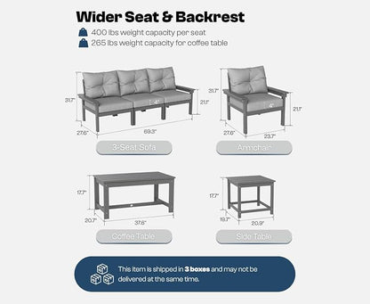 3 Piece HDPE Outdoor Patio Furniture Set, All-Weather 2 Armchairs with Side Table, Patio Conversation Set with Grey Washable Thick Cushion for Balcony/Porch/Backyard (Grey Frame)