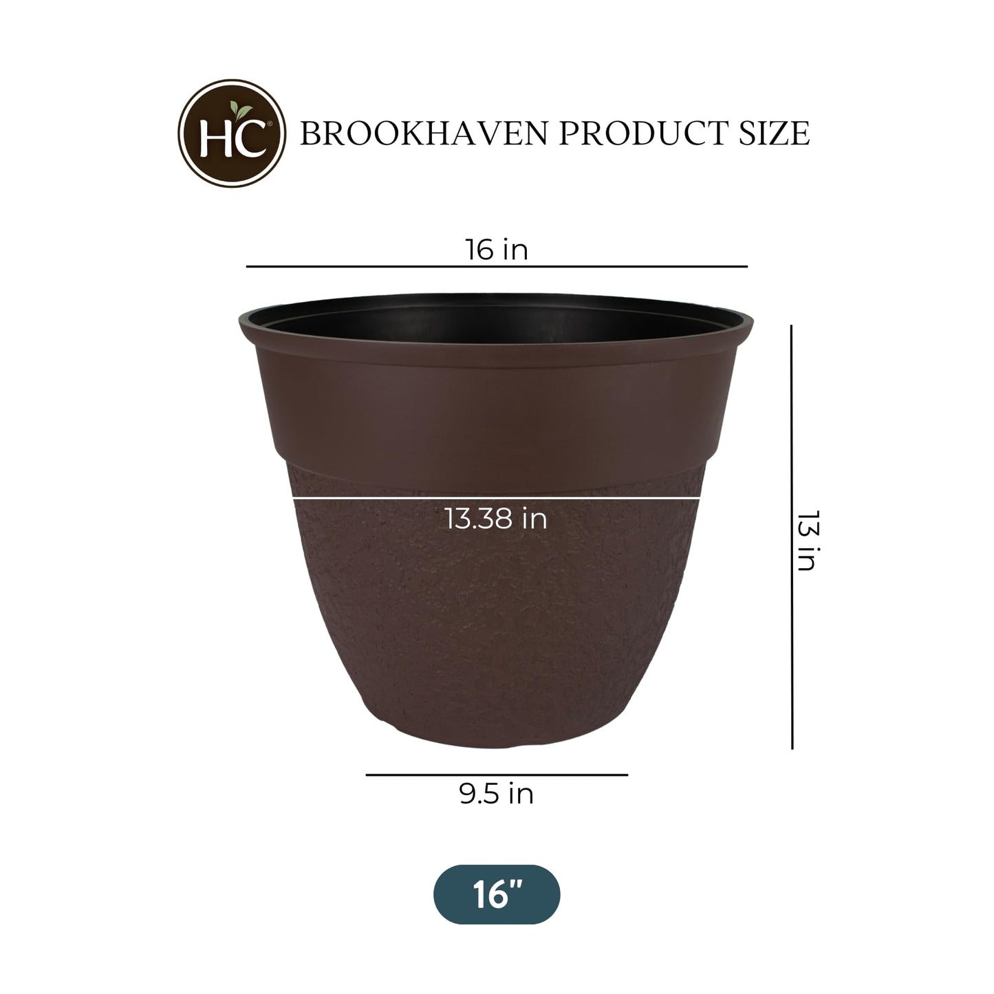 The HC Companies 16 Inch Brookhaven Decorative Round Planter - Lightweight Premium Resin Plant Pot with a Stonelike Texture for Indoor Outdoor Use, Brown