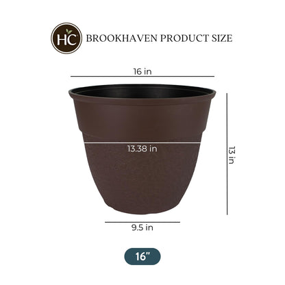 The HC Companies 16 Inch Brookhaven Decorative Round Planter - Lightweight Premium Resin Plant Pot with a Stonelike Texture for Indoor Outdoor Use, Brown
