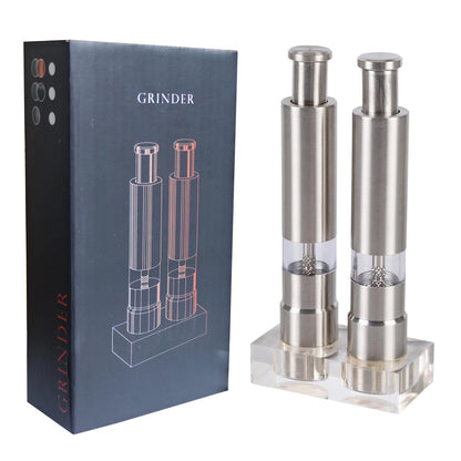 Stainless Steel Salt and Pepper Grinder Set, Manual Refillable Peppercorn Mills with Push Button, Thumb Grinder, Sliver White