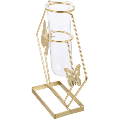 DECORNIJIA Metal Framed Glass Vase with Butterfly Pattern, Hexagonal Hydroponic Flower Pot for Desktop Decoration, Home Terrarium Plant Holder for Living Room Table