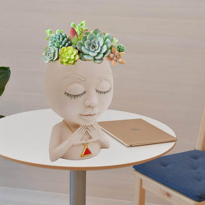 Face Planter Pot Cute Resin Flower Head Planters for Indoor Outdoor Closed Eyes Succulent Pots Gift IdeaI for Mother and Appreciation Christmas with Drainage Hole
