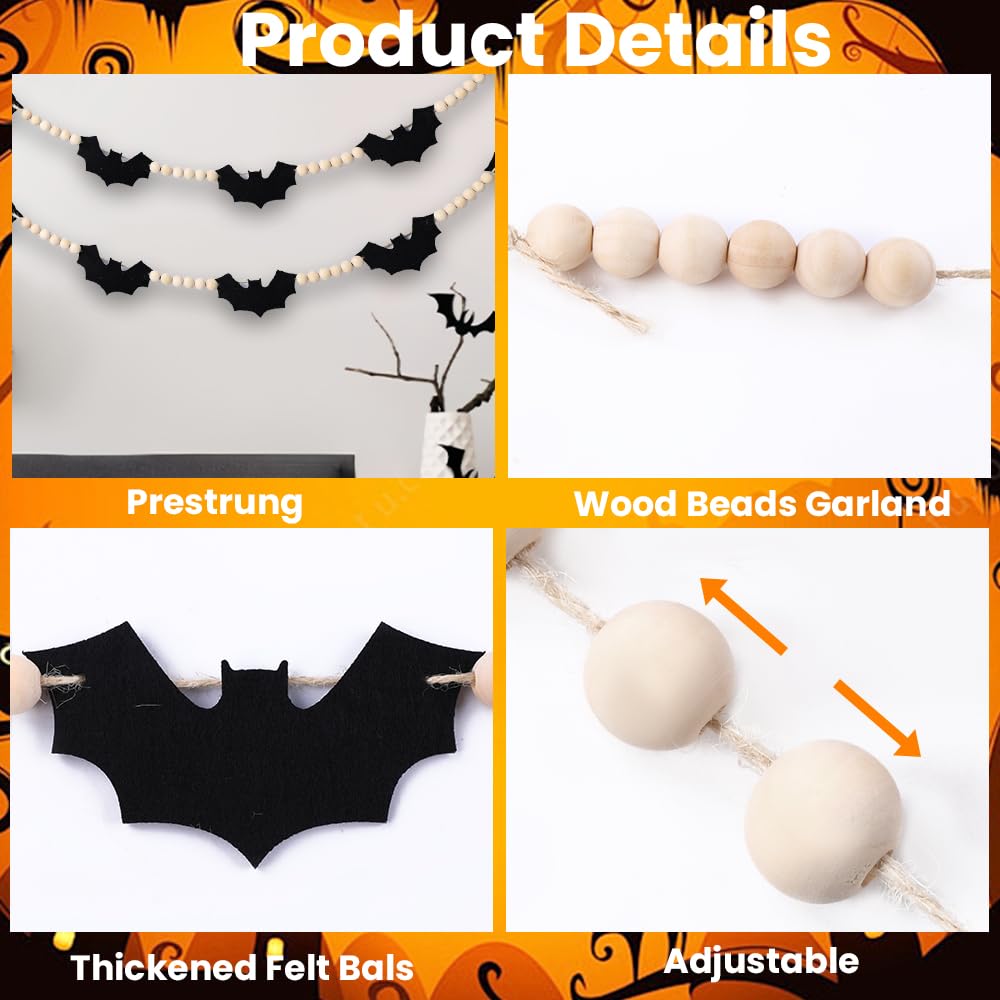 Vellibring 6.56Ft Halloween Garlands Decorations,Spooky Black Felt Bats Garland with Wooden Beads Halloween Adjustable Farmhouse Banner for Room Indoor Party Wall Fireplace Doorway Decor