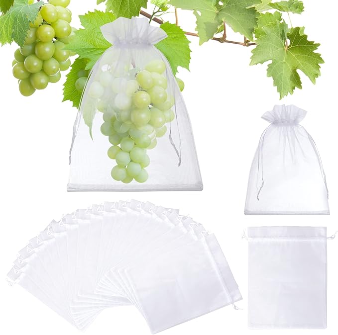 50 Pcs Fruit Protection Bags, 8x12 White Fruit Netting Bags for Fruit Trees Fruit Cover Mesh Bag with Drawstring, Netting Barrier Bags for Grapes Mango Fruit Trees Veggies Garden