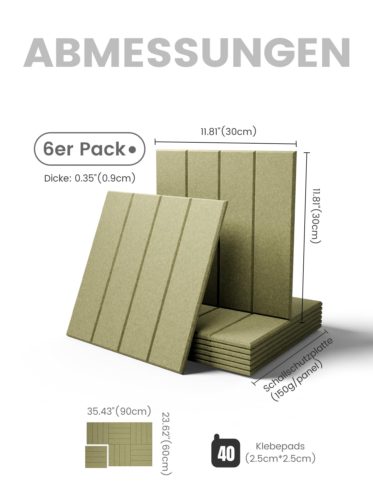 Bumusty Large Cork Board Alternative-36 x 24" Felt Bulletin Board Tiles, with 30 Pushpins, 40 Adhesive Tabs, Bold-Stripe 6-Pack, Cork Boards for Office Push Pin Board Felt Board-Olive Green