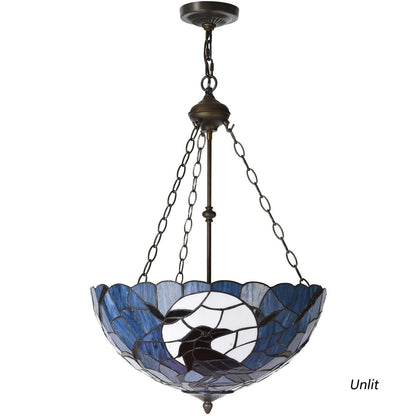 Bieye L12006 Tiffany-Style Stained Glass Raven Ceiling Pendant Light, 3-Light Hanging Ceiling Fixture with Adjustable Chains (Dark Blue, 20 inches Wide)