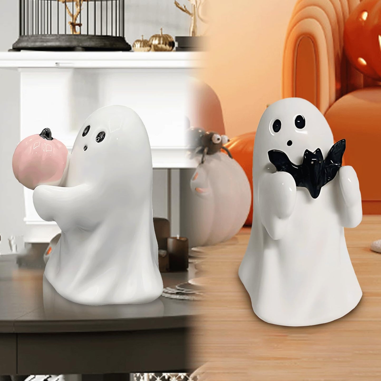 Halloween Ghost with Bat 4.5"H Resin Figurine, Ghost Halloween Decorative Figurine Decor for Home Office Gift for Friend and Family