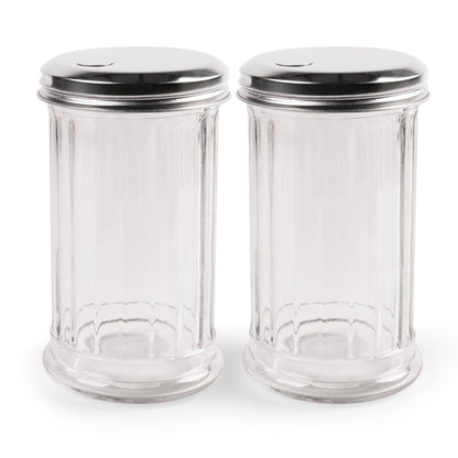 2 Pack Salt Sugar Shaker dispenser - Powder Sugar Dispenser Canisters - Glass Sugar Container with lid - Spice, Cinnamon, Baking Soda, Pourer Bottle Jar holder for Coffee Bar or Kitchen Countertop