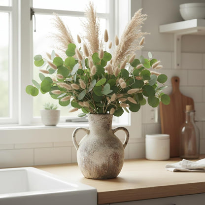 SIDUCAL Rustic Ceramic Farmhouse Flower Vase with 2 Handles, Whitewashed Terra Cotta Vase, Decorative Pottery Flower for Home Decor, Table, Living Room, Shelf Decor, 7.3 Inch, Terra