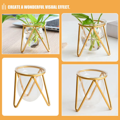 SEWACC Glass Vase with Metal Stand for Hydroponic Plants, Small Gold Bulb Planter Terrarium, Propagation Vase Holder for Home Desk Décor and Green Plant Display
