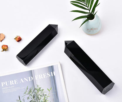 MOGEMT Large Black Obsidian Crystal Tower Natural Healing Crystal Point Wand Obelisk 6 Faceted Reiki Chakra Meditation Therapy Home Decor Gift 1.5-2 LBS