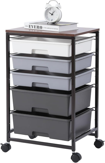 Utility Cart with 5 Drawers,Storage Drawer Cart with Wooden Tabletop and Lockable Wheels,Craft Storage Trolley Cart,5-Tier Rolling Utility Cart on Wheels,Dark Grey