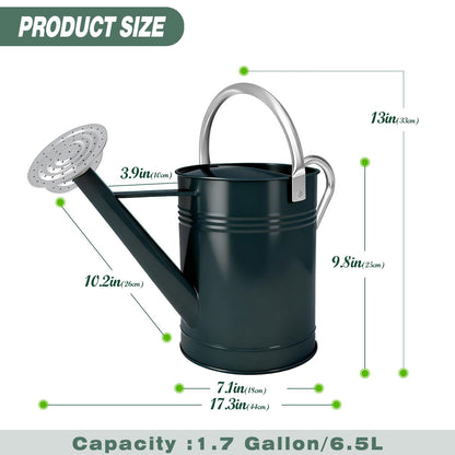 Metal Watering Can for Outdoor Plants, 1.7 Gallon Dark Green Garden Watering Can for Flower, Houseplants, Galvanized Finish