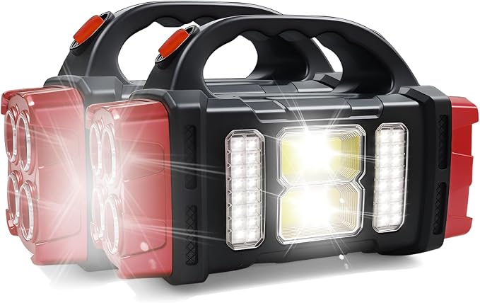 Solar Handheld Flashlight, 4 Lighting Modes Rechargeable LED Work Light, USB-C & Solar Powered Portable Lantern,Emergency Camping Light for Outdoor, Hiking, Power Outage (Red-2pcs)