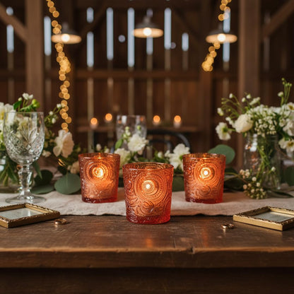 12 Pack Patented Sun Moon Star Embossed Glass Tea Light Candle Holders - Unique Votive Candle Holders for Wedding, Party, and Table Centerpieces (Pumpkin Spice)