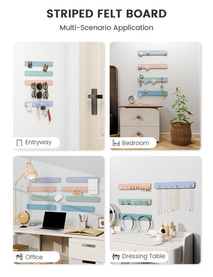 Fluxynara Cork Board Alternative Felt Strip Board 8-Pack 13"x2", Office Pin Board with 50 Push Pins, Adhesive Install for Bedroom Door & Home Office (Coastal Haze)