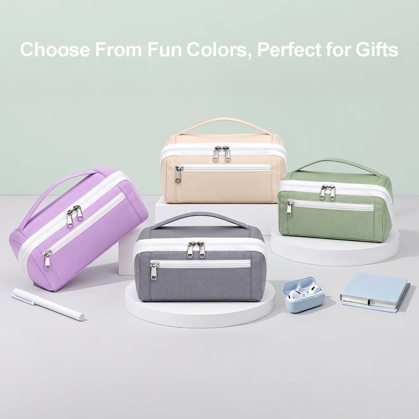 BrainyBees Large Pencil Pouch for Teen Girls, 8 Compartments, Cream White